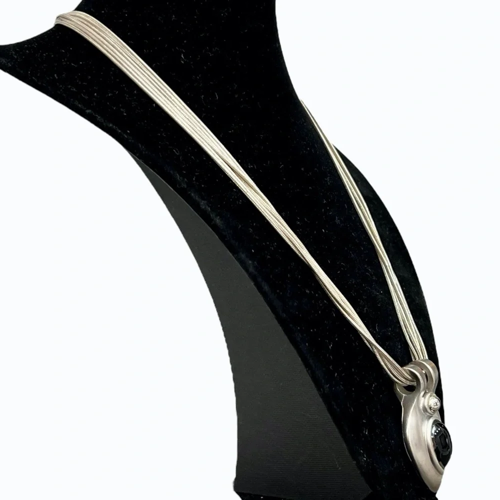 VINTAGE 6 CHAIN SILVER TONE NECKLACE WITH TEARDROP PENDANT WITH BLACK STONE